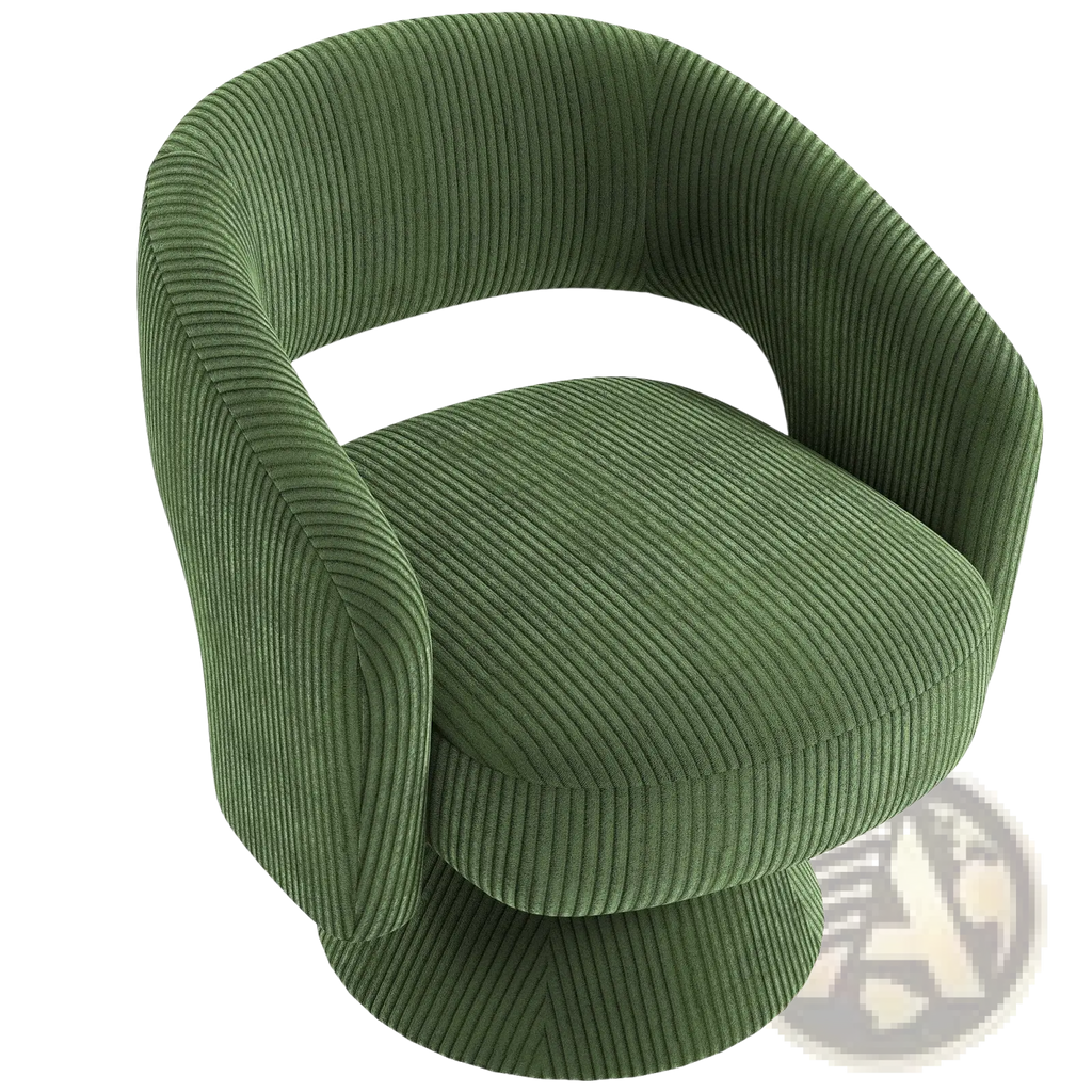 Olive green corduroy swivel barrel accent chair with a rounded modern design for stylish armchair seating