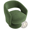Olive green corduroy swivel barrel accent chair with a rounded modern design for stylish armchair seating