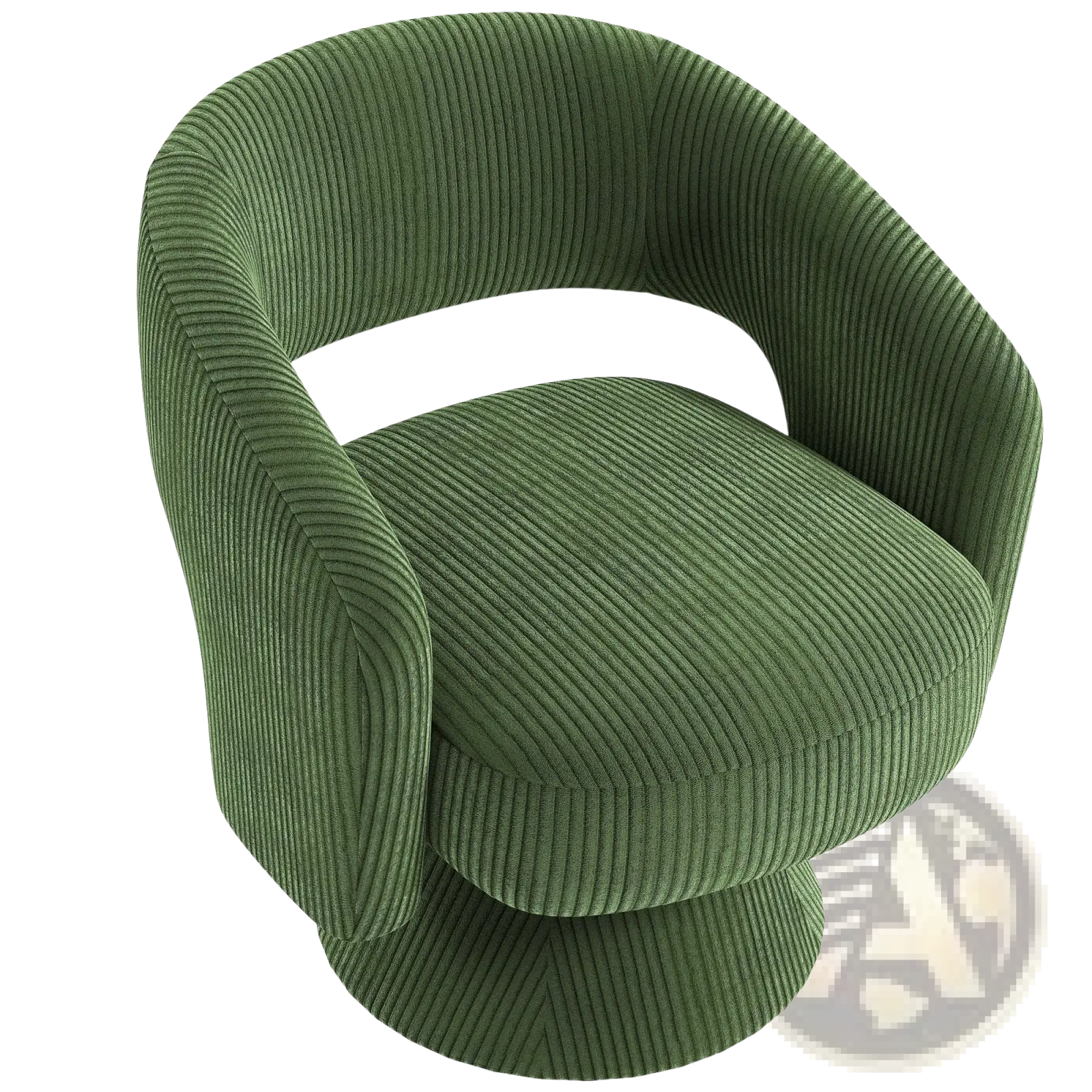 Olive green corduroy swivel barrel accent chair with a rounded modern design for stylish armchair seating