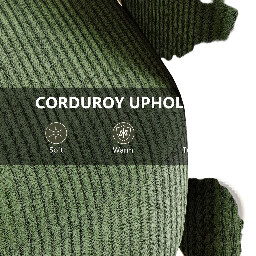 Swivel barrel accent chair with deep green soft warm textured corduroy upholstery and ribbed fabric detail