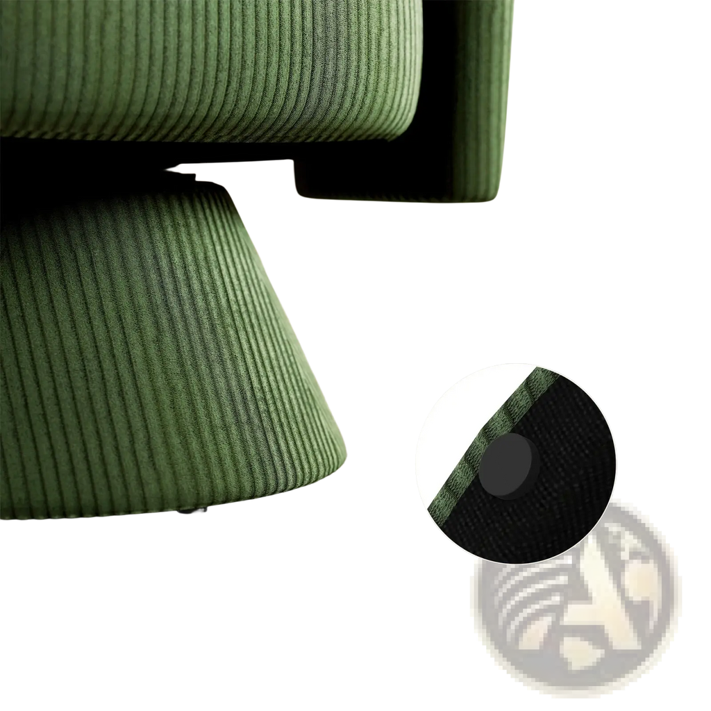 Swivel barrel accent chair in green corduroy with adjustable black foot pads for comfortable seating