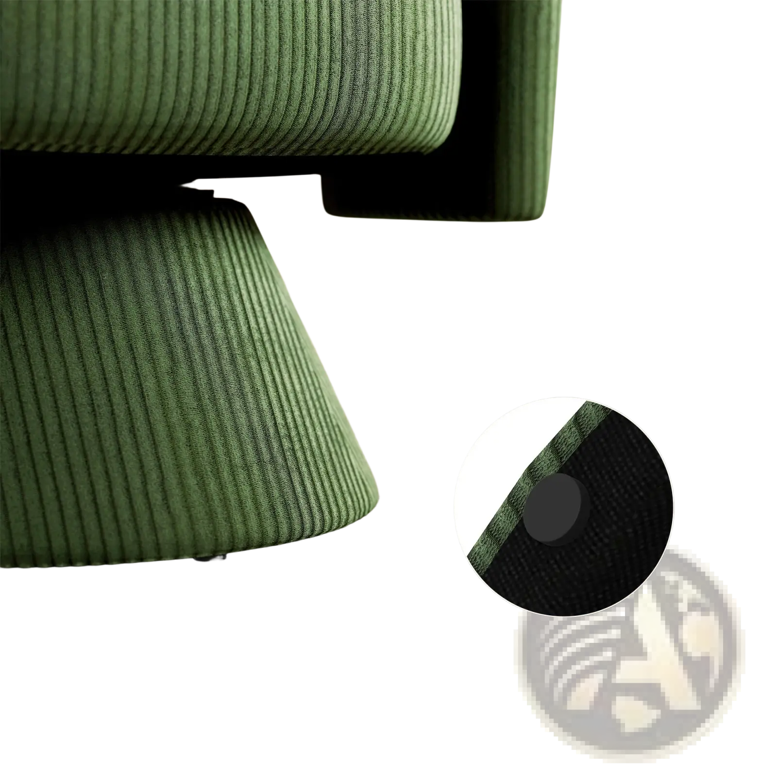 Swivel barrel accent chair in green corduroy with adjustable black foot pads for comfortable seating