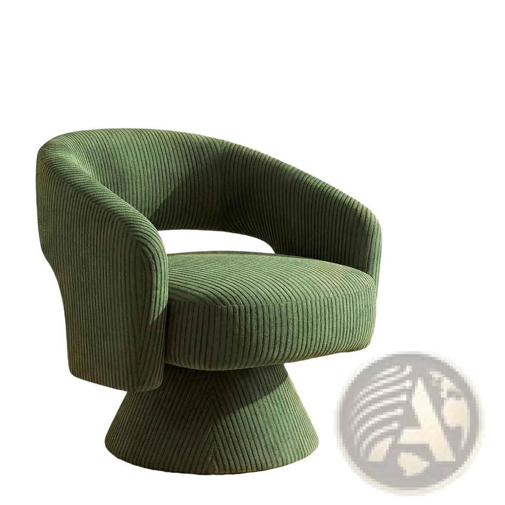 A swivel barrel accent chair in olive green corduroy with a modern rounded design and a pedestal base