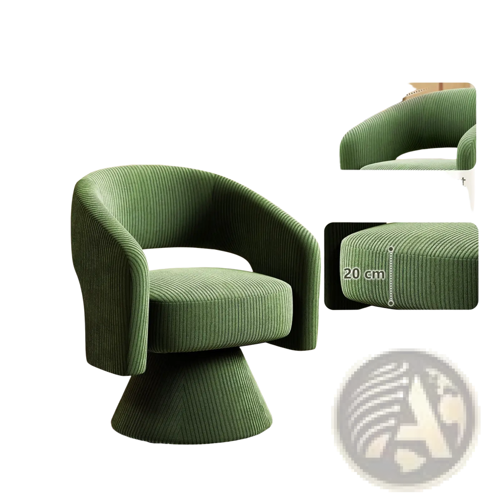 Swivel barrel accent chair in olive green plush corduroy with integrated backrest and armrests for comfortable seating