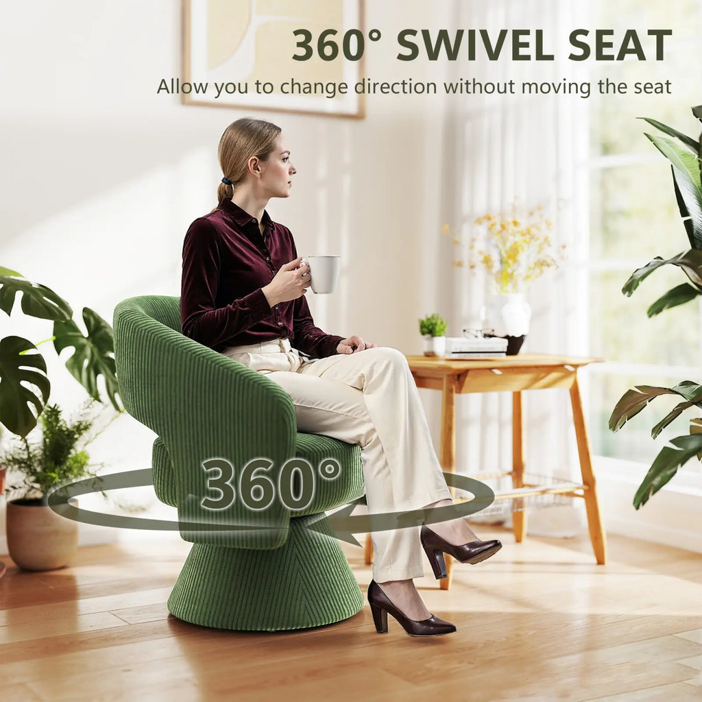 Green corduroy swivel barrel accent chair with 360-degree rotation designed as a comfortable armchair