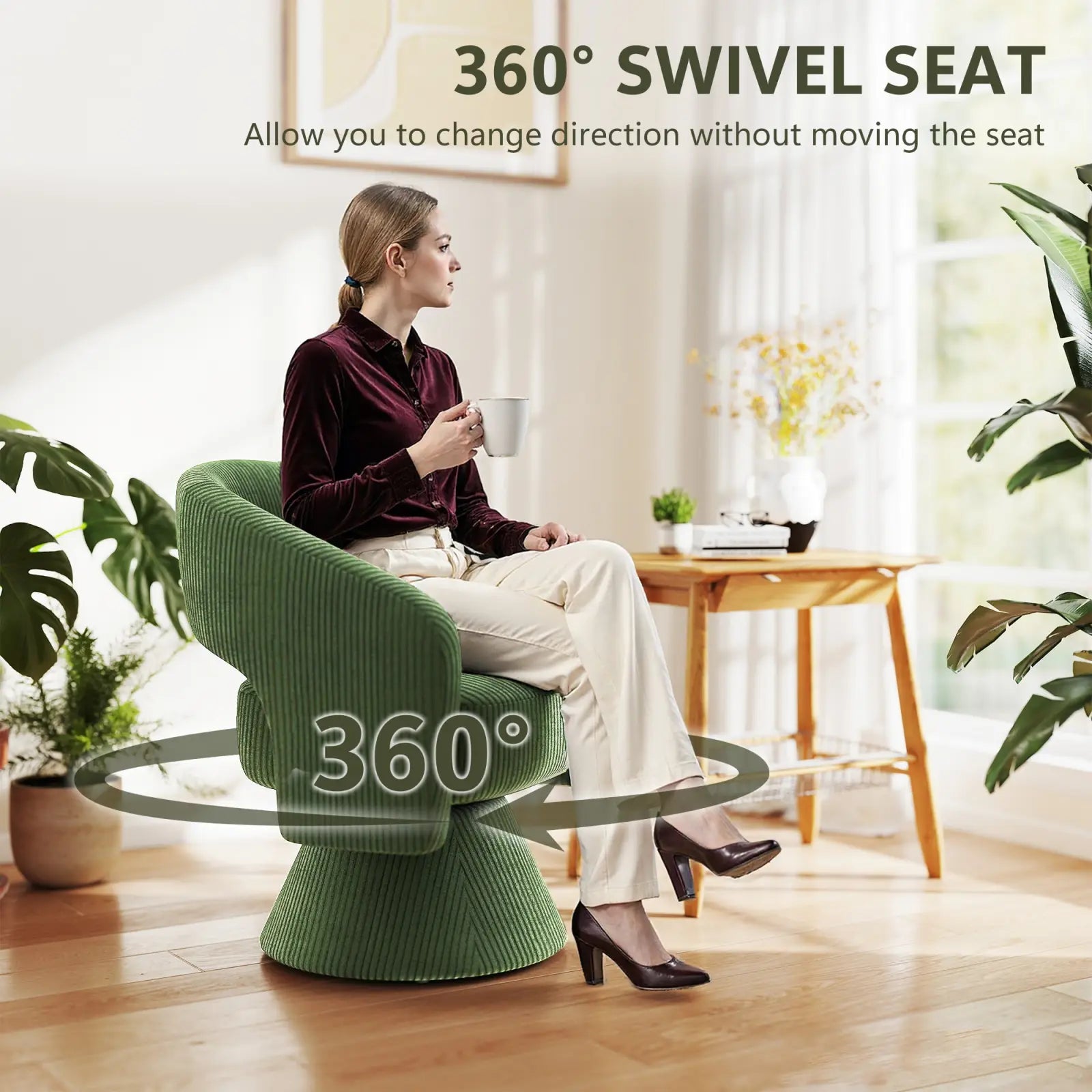 Green corduroy swivel barrel accent chair with 360-degree rotation designed as a comfortable armchair