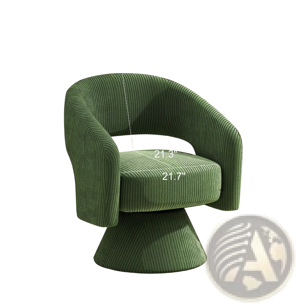 Dark green corduroy swivel barrel accent chair with sleek modern design and sturdy pedestal base armchair