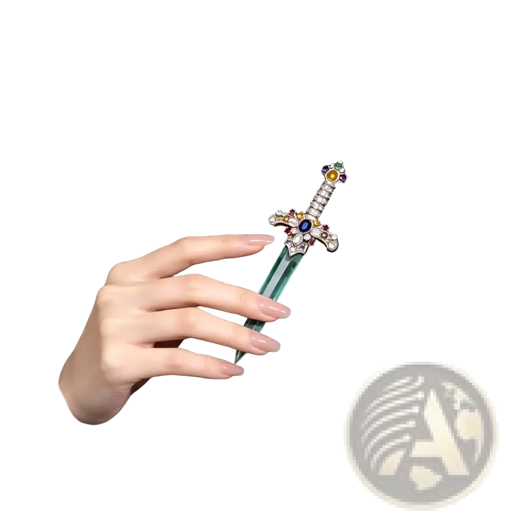 A sparkling sword brooch lapel pin with a green crystal blade and a silver handle adorned with colorful gemstones