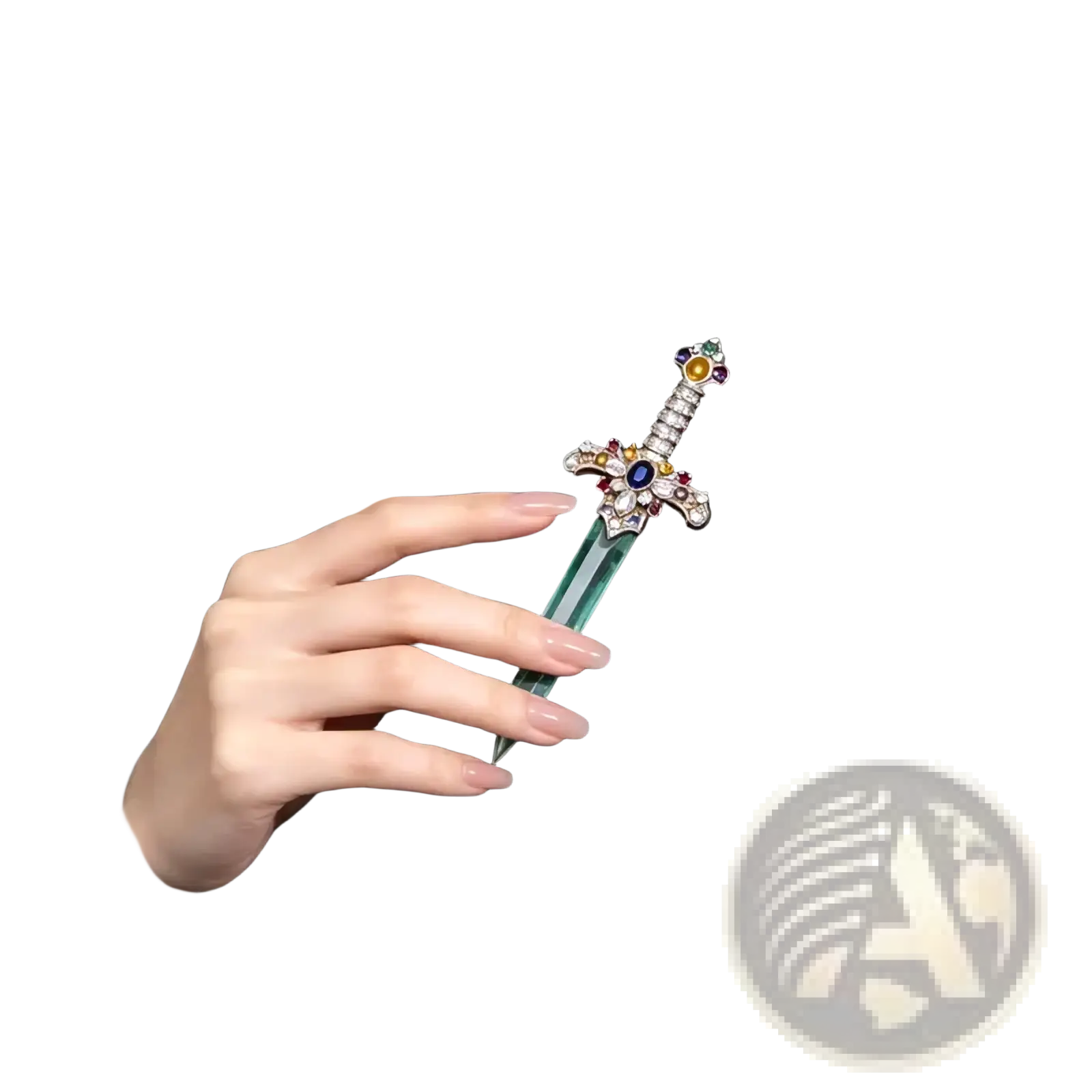 A sparkling sword brooch lapel pin with a green crystal blade and a silver handle adorned with colorful gemstones