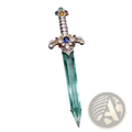 A sparkling emerald sword brooch with a silver-toned hilt and multicolored gemstone accents