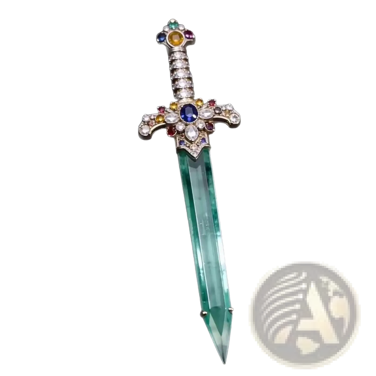 A sparkling emerald sword brooch with a silver-toned hilt and multicolored gemstone accents