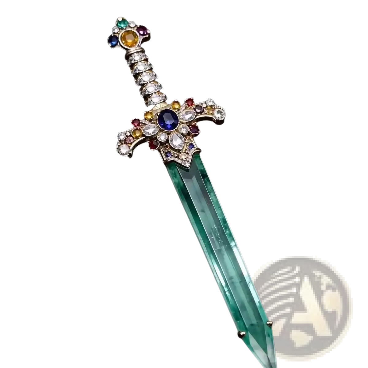 Sword brooch green crystal gemstone pin with a translucent green blade and ornate gold hilt encrusted with multicolored gems