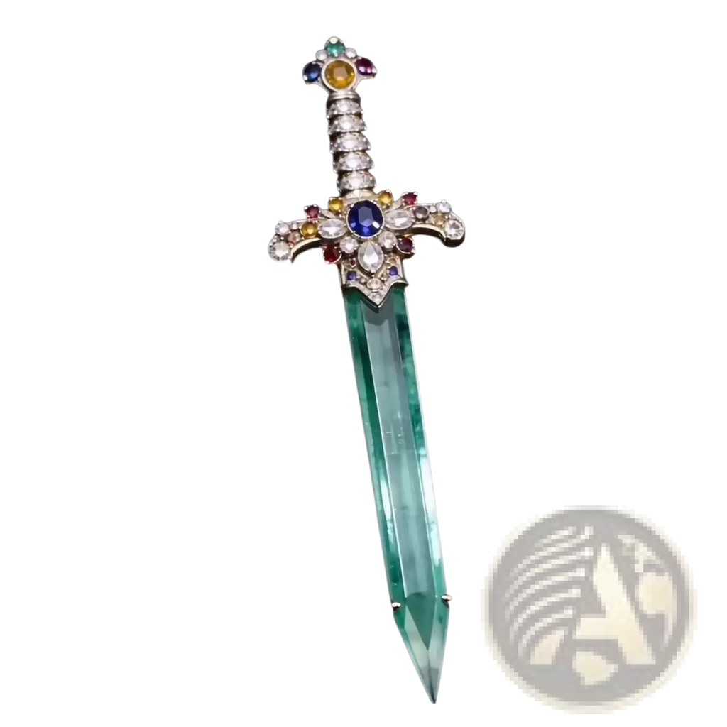 A sword brooch with a translucent green crystal blade and a multicolored gemstone ornate hilt