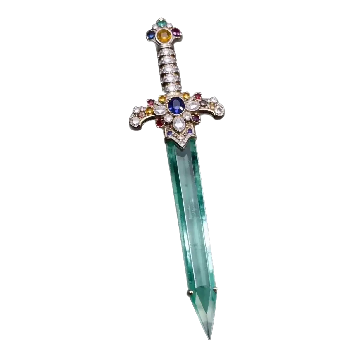 A sparkling emerald sword brooch with a silver-toned hilt and multicolored gemstone accents