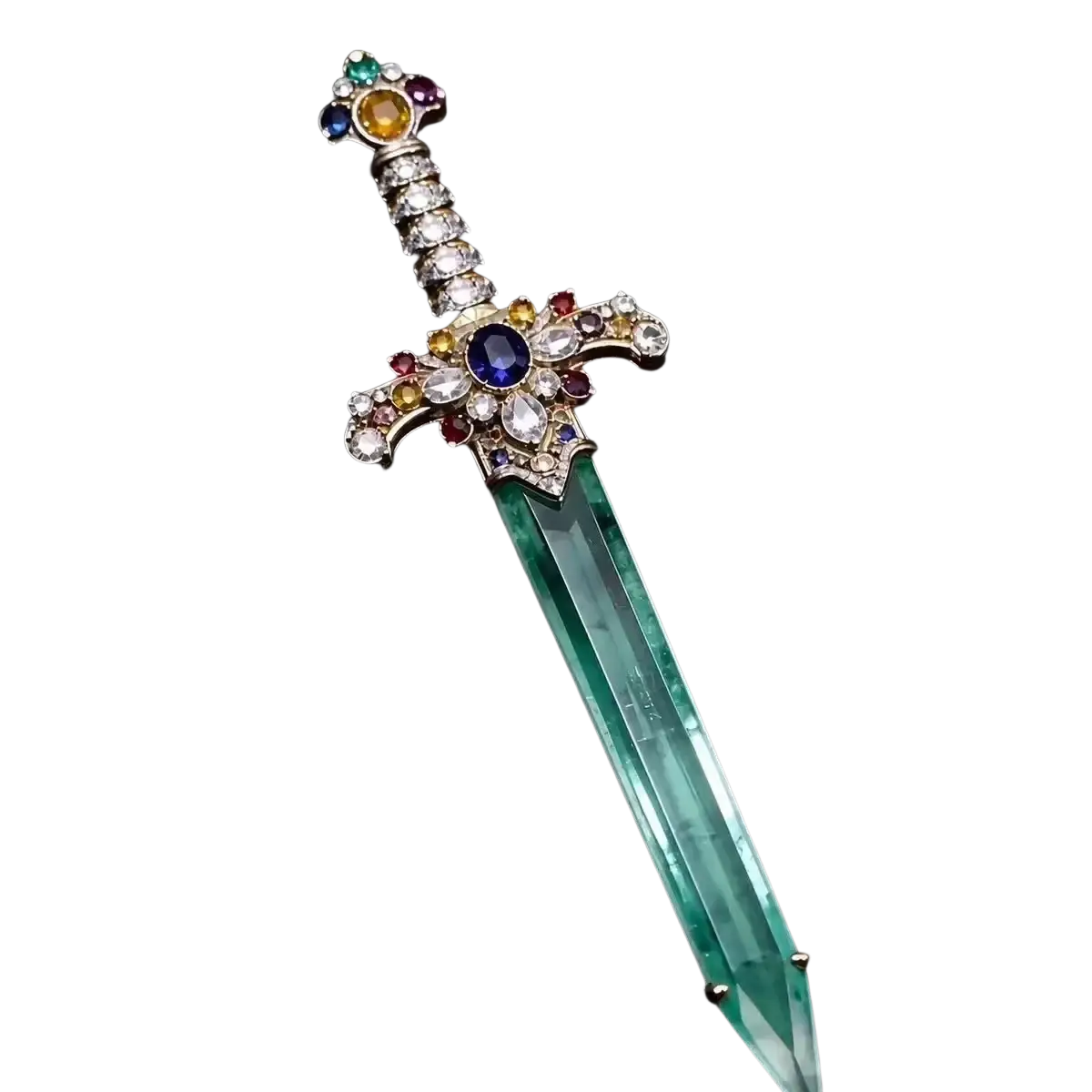 Sword brooch with a translucent green crystal blade and a gold hilt encrusted with multicolored gemstones