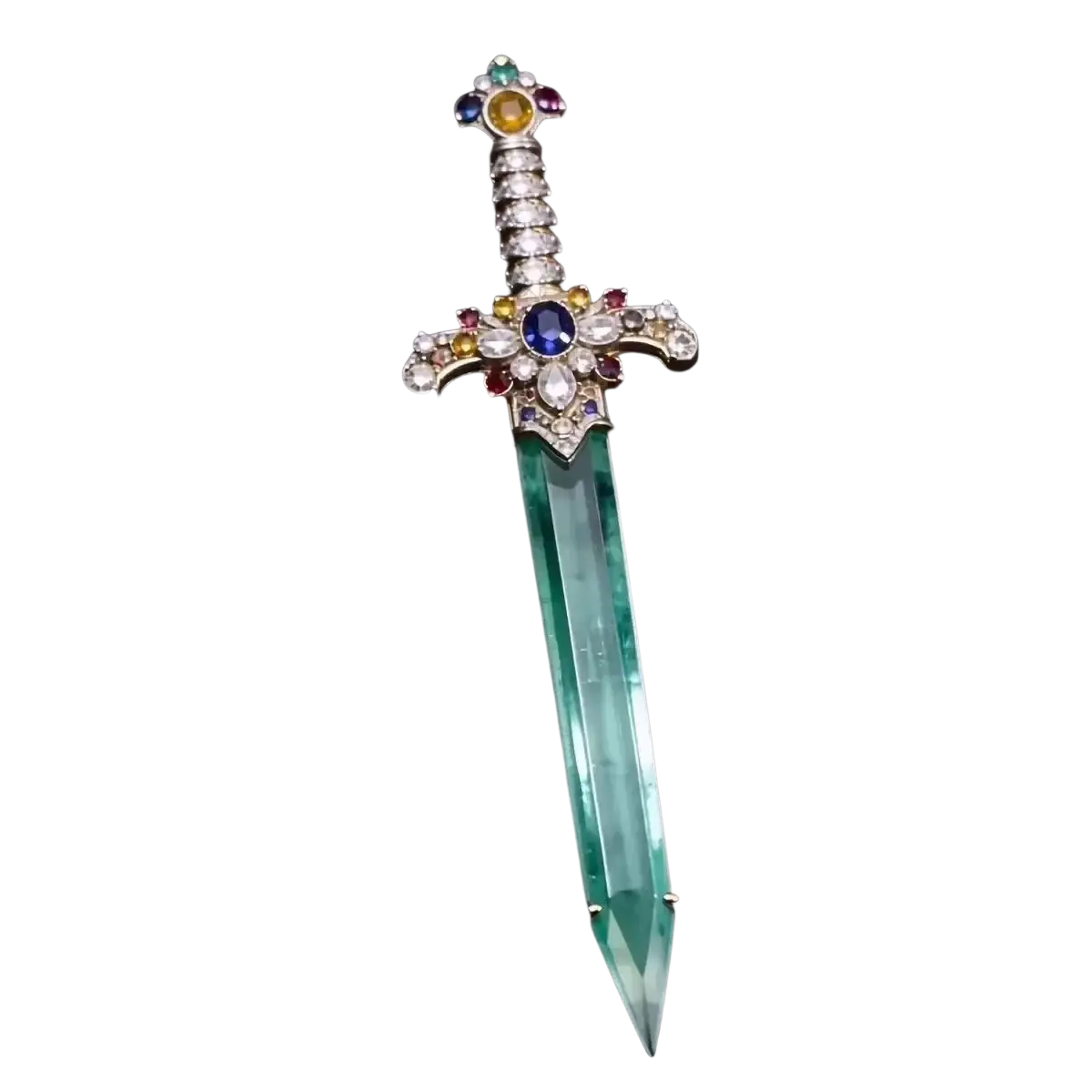 A sword brooch featuring a translucent green crystal blade and an ornate hilt adorned with multicolored gemstones