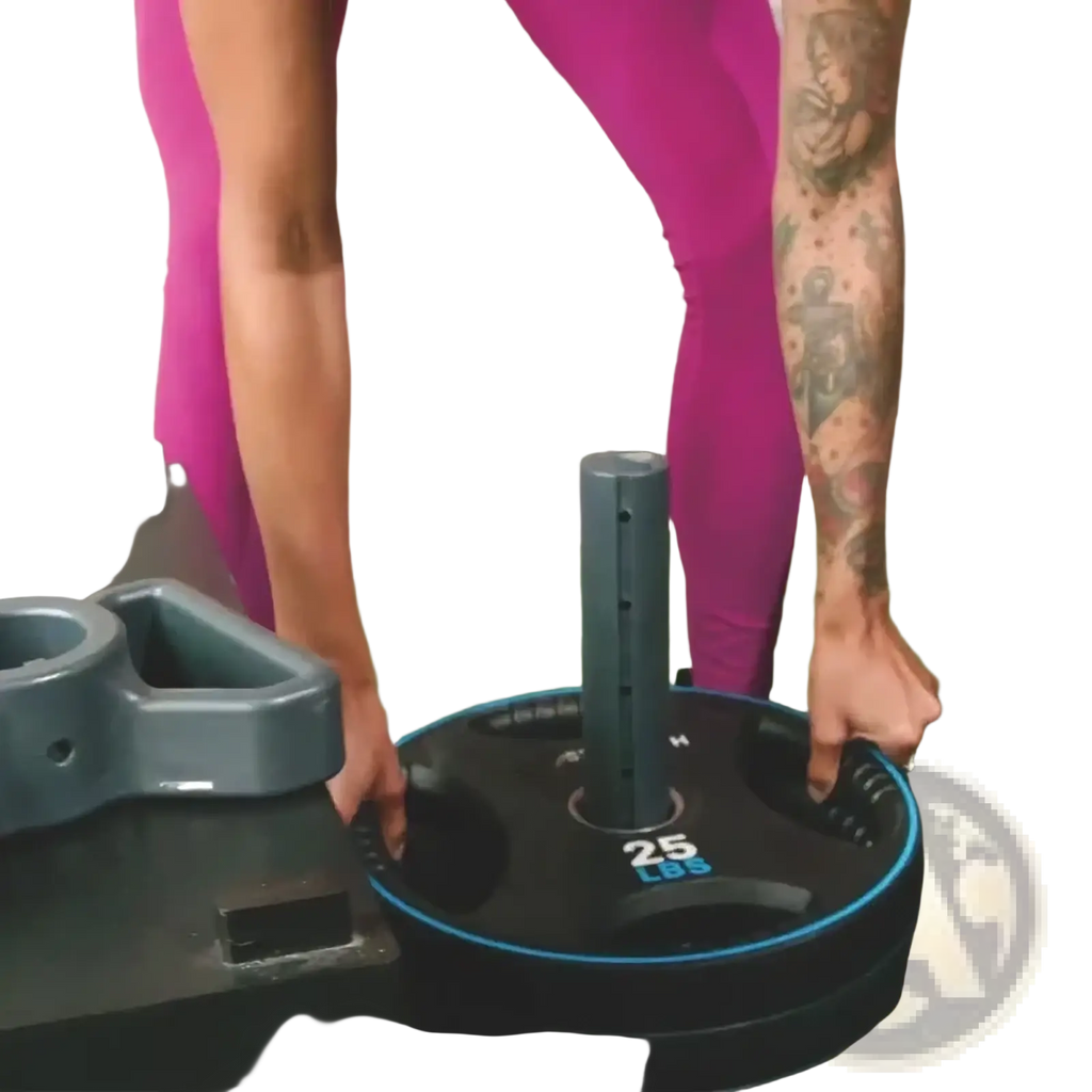Black 25-pound weight plate with blue rim and central bar for t bar kettlebell handle weight plate holder