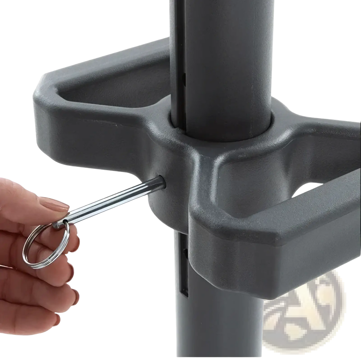 Gray plastic T bar kettlebell handle weight plate holder clamp with silver metal adjustment pin and ring