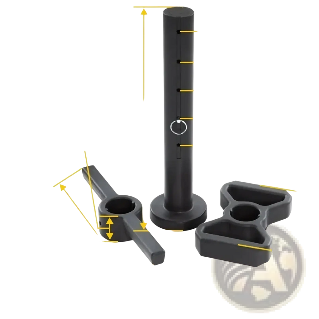 Black plastic t bar kettlebell handle weight plate holder with circular ring and rectangular and triangular handles