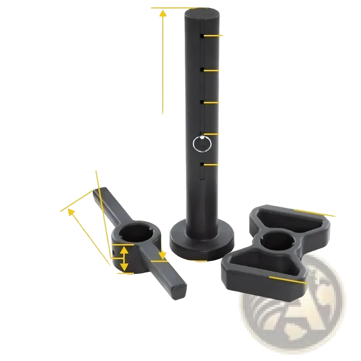 Black plastic t bar kettlebell handle weight plate holder with circular ring and rectangular and triangular handles