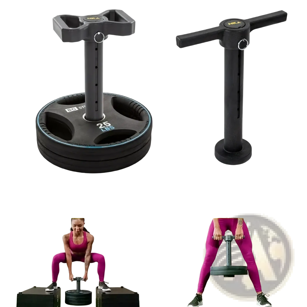 Black t bar kettlebell handle weight plate holder with double grip handle and 25 lbs weight plate attached