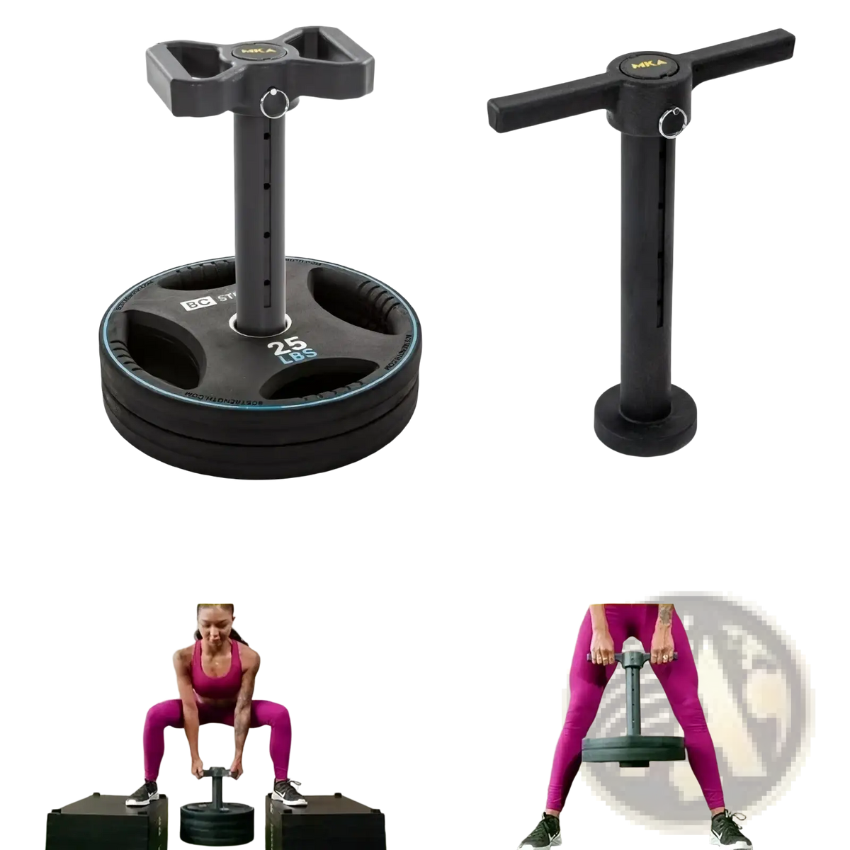 Black t bar kettlebell handle weight plate holder with double grip handle and 25 lbs weight plate attached