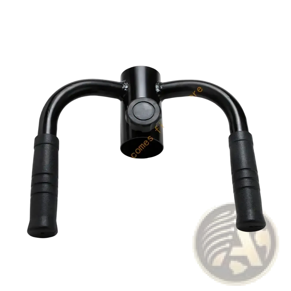 Black metal T-bar row handle attachment with textured grip handles and central adjustment knob for back workouts