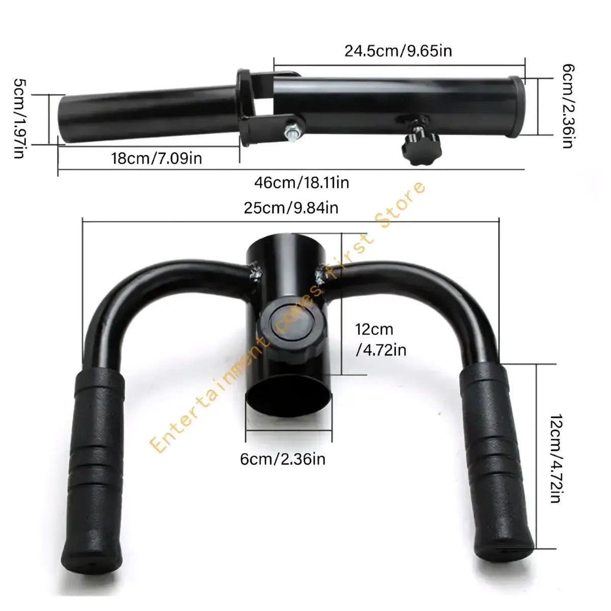 Black metal u-shaped push-up bar with textured grip handles and adjustable height for t-bar row back workouts