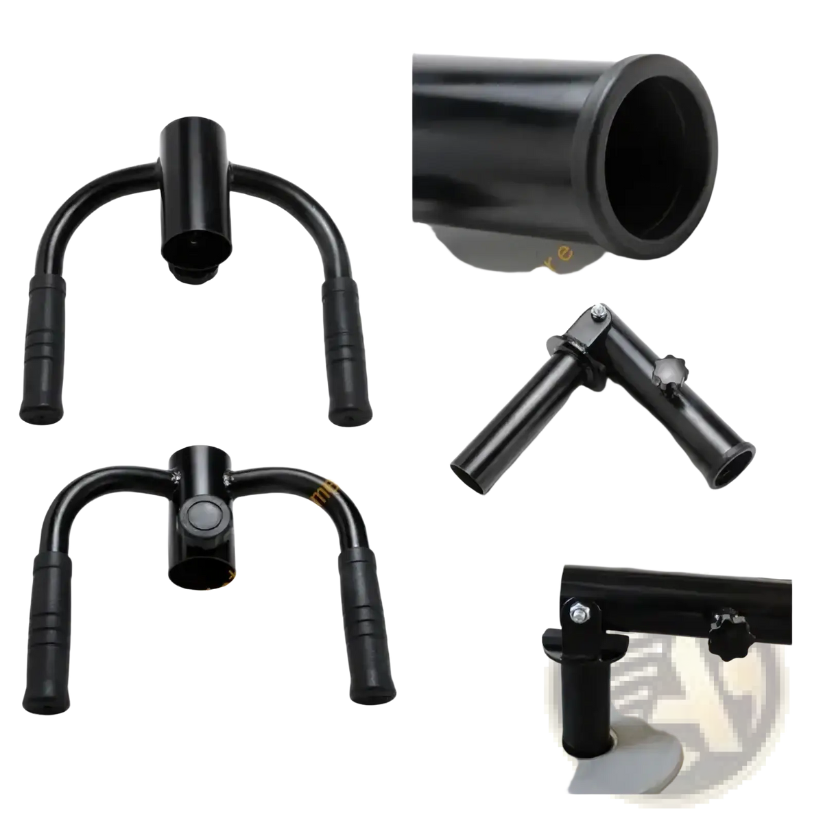 Black metal u-shaped t-bar row handle attachment with textured grip and adjustable joints for back workouts