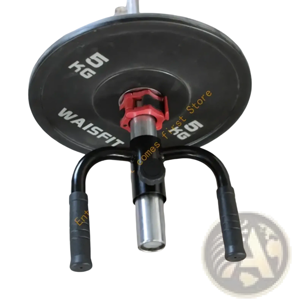 Black waisfit 5kg weight plate mounted on black and silver textured grip t-bar row handle attachment for back workouts