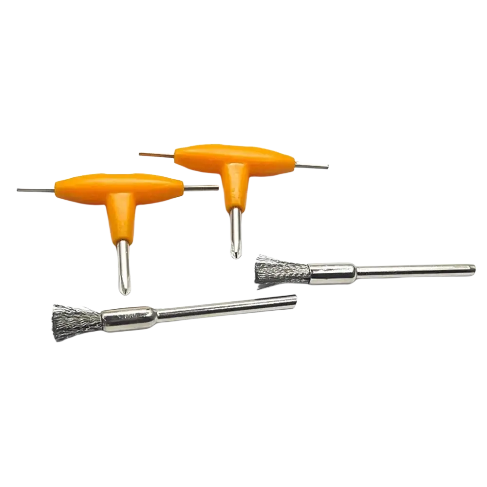 T handle screwdriver and wire brush rotary tool kit with orange-handled t-shaped wire brushes and metallic bristle heads