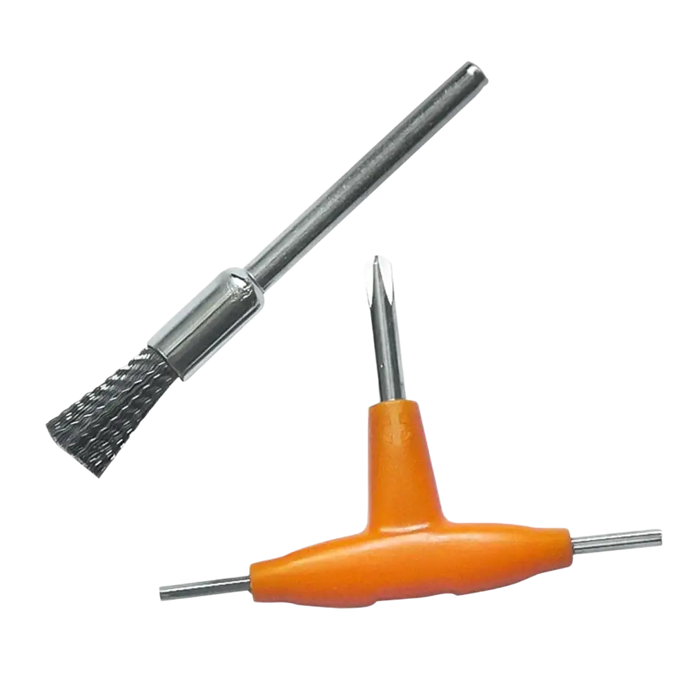 Orange-handled t-handle screwdriver with metallic tip and attached wire brush from rotary tool kit