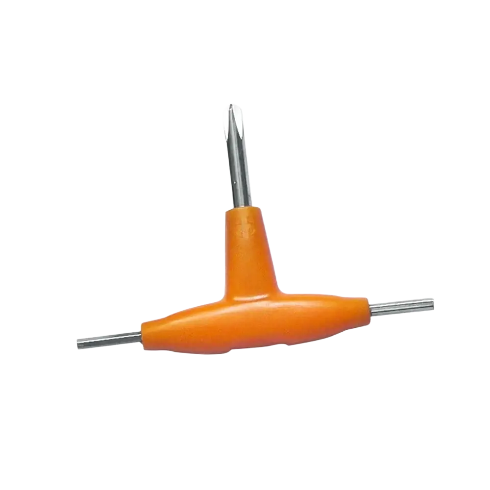 T handle screwdriver and wire brush rotary tool kit featuring an orange plastic handle and silver metal shafts