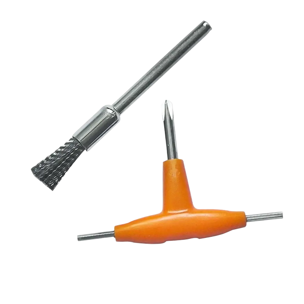 Orange plastic t-handle screwdriver with metallic tip and orange wire brush tool with metal bristles in rotary kit