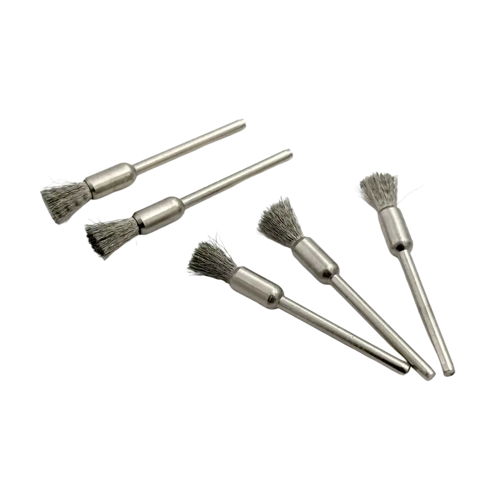 Set of five stainless steel wire brushes with metallic handles and dense gray bristles for rotary tool kit use