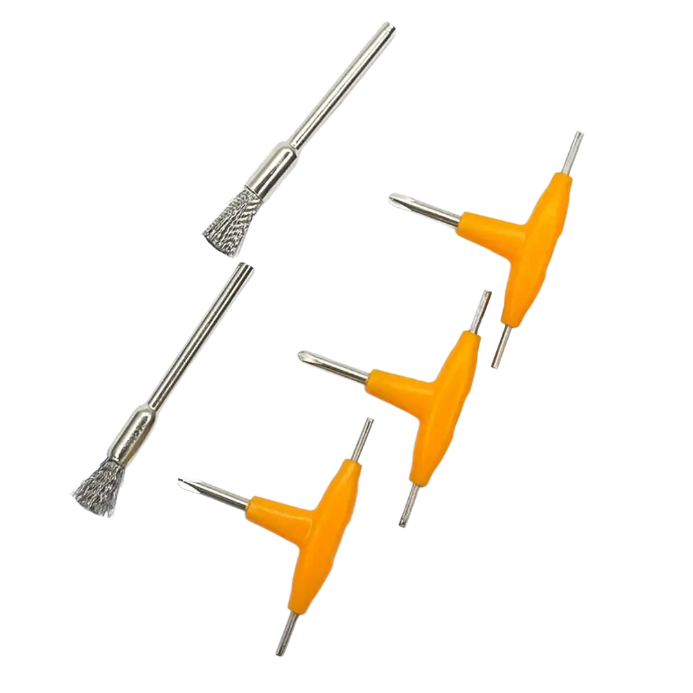 Set of three orange-handled t-handle hex keys and two metal wire brushes for screwdriver and rotary tool kit use