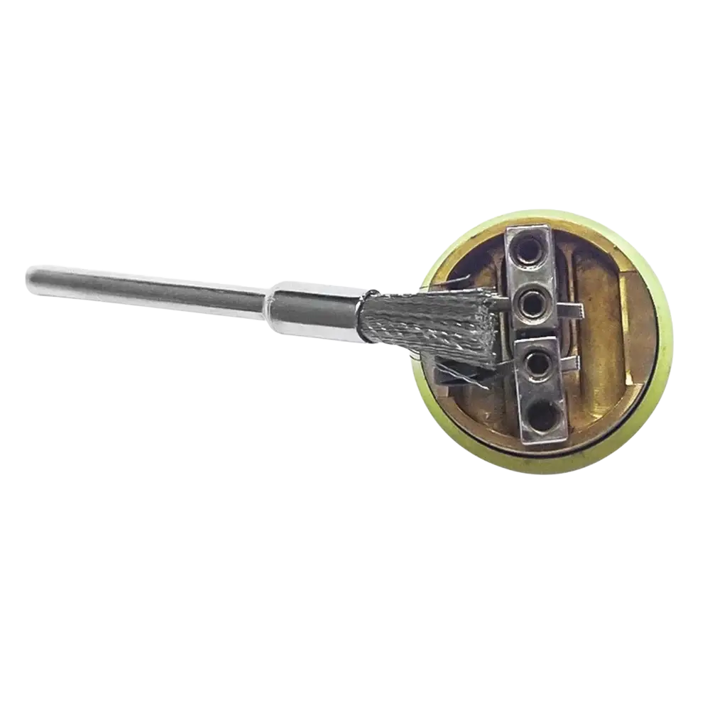 Silver-colored metal vape coil with circular base and three terminal holes in t handle screwdriver and wire brush kit