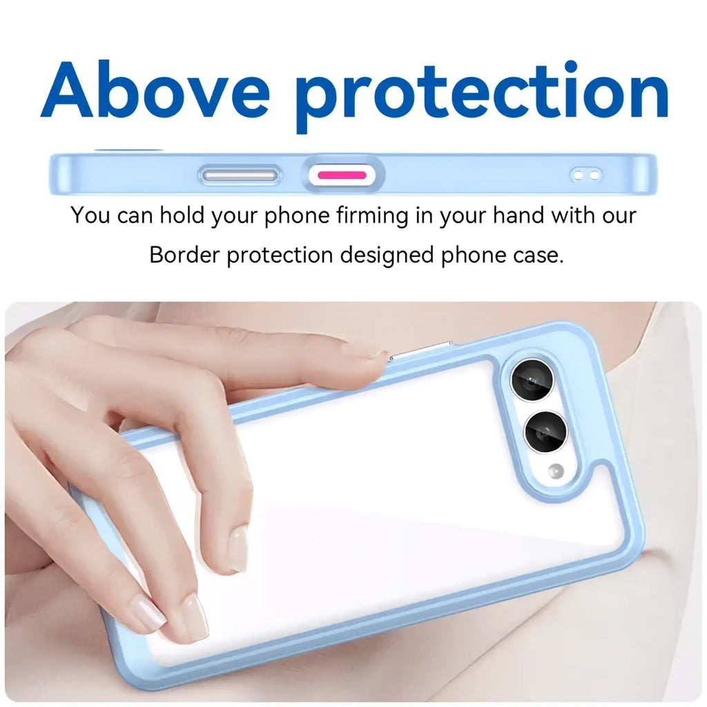 Back view of t mobile t phone 3 case clear shockproof tpu cover with light blue border and clear back panel