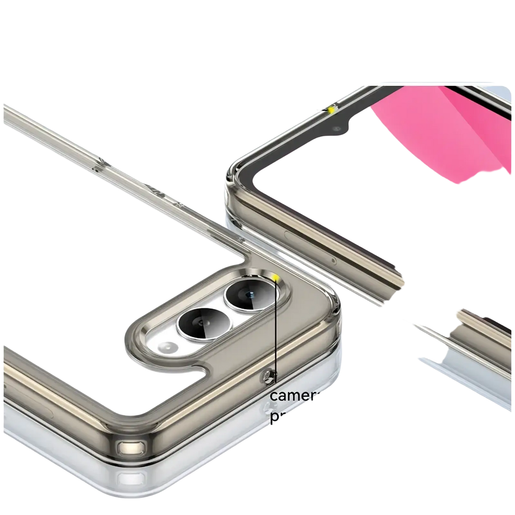 Clear shockproof tpu t mobile t phone 3 case with silver metallic raised lips and precise dual-camera cutouts viewed from back