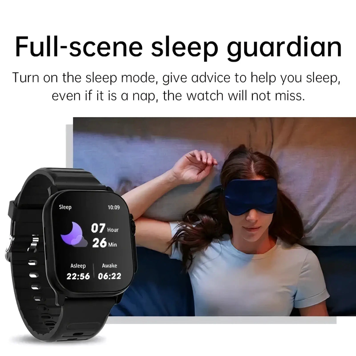 Black T10 Ultra Smart Watch 49mm with GPS Bluetooth call features a rectangular screen displaying sleep tracking data and a matching strap