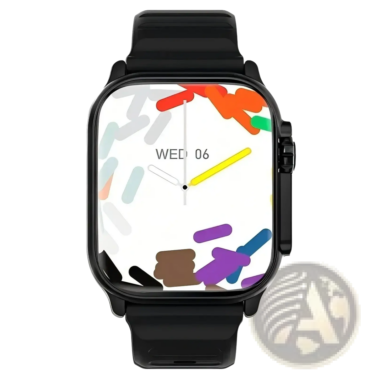 Black T10 Ultra smart watch 49mm with gps Bluetooth call features colorful sprinkle-themed display and yellow hour hand