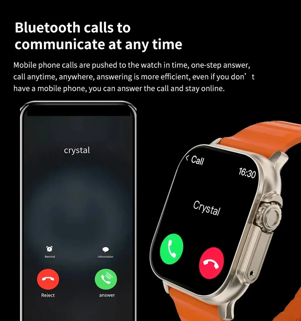 T10 Ultra smart watch 49mm with orange leather strap silver case and rectangular screen displaying call interface