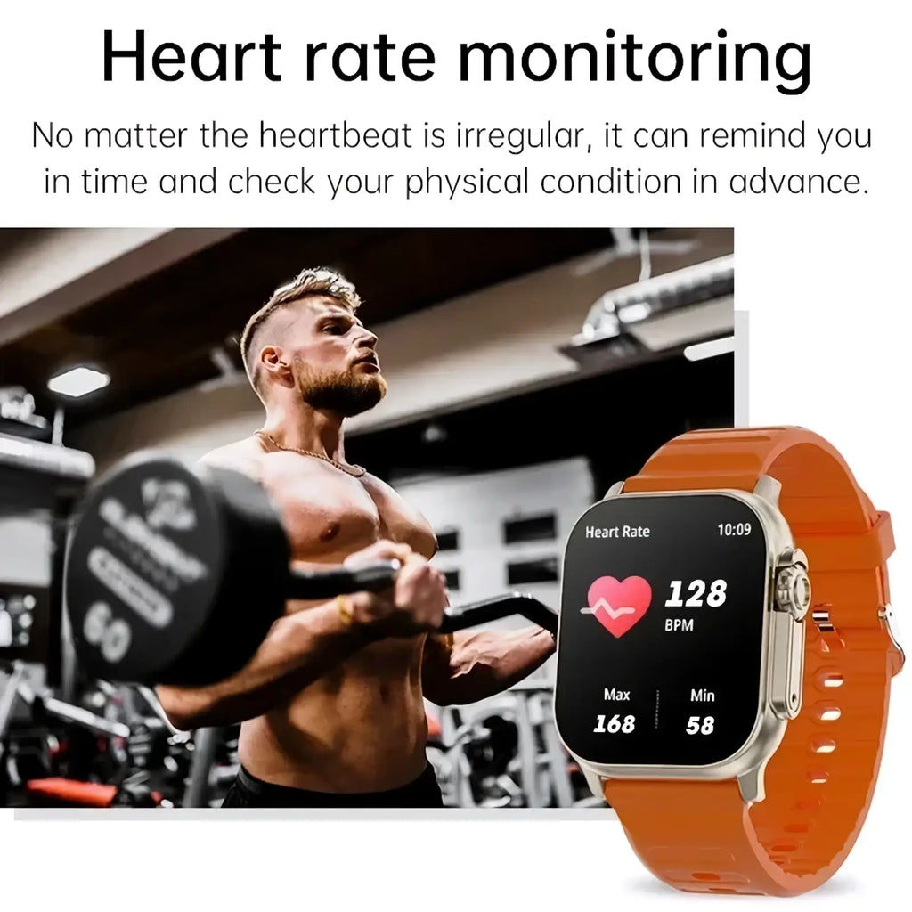 T10 Ultra smart watch 49mm with orange silicone strap and silver case displaying heart rate monitoring data