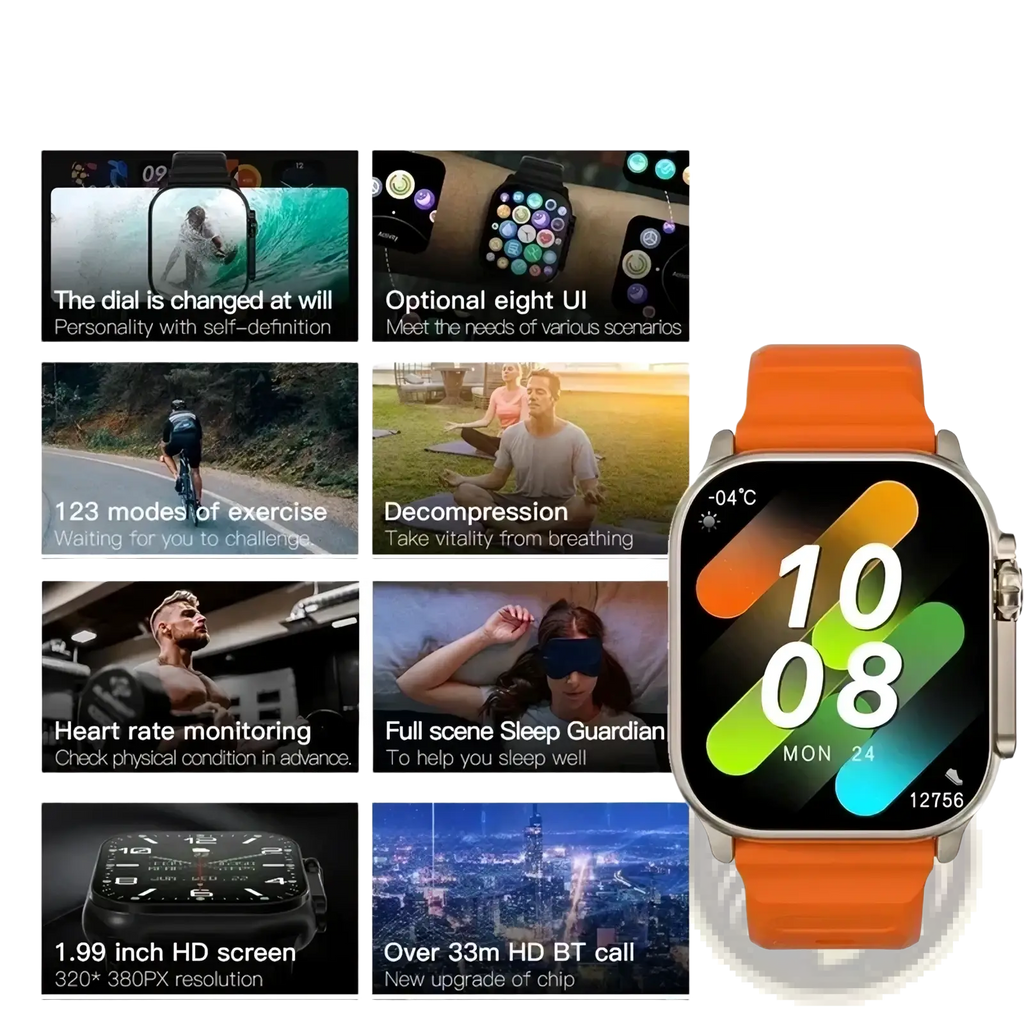 T10 ultra smart watch 49mm with orange silicone strap silver case and colorful gradient gps bluetooth call display