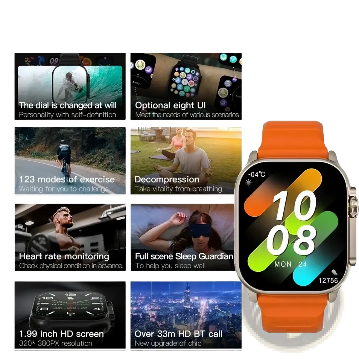 T10 ultra smart watch 49mm with orange silicone strap silver case and colorful gradient gps bluetooth call display