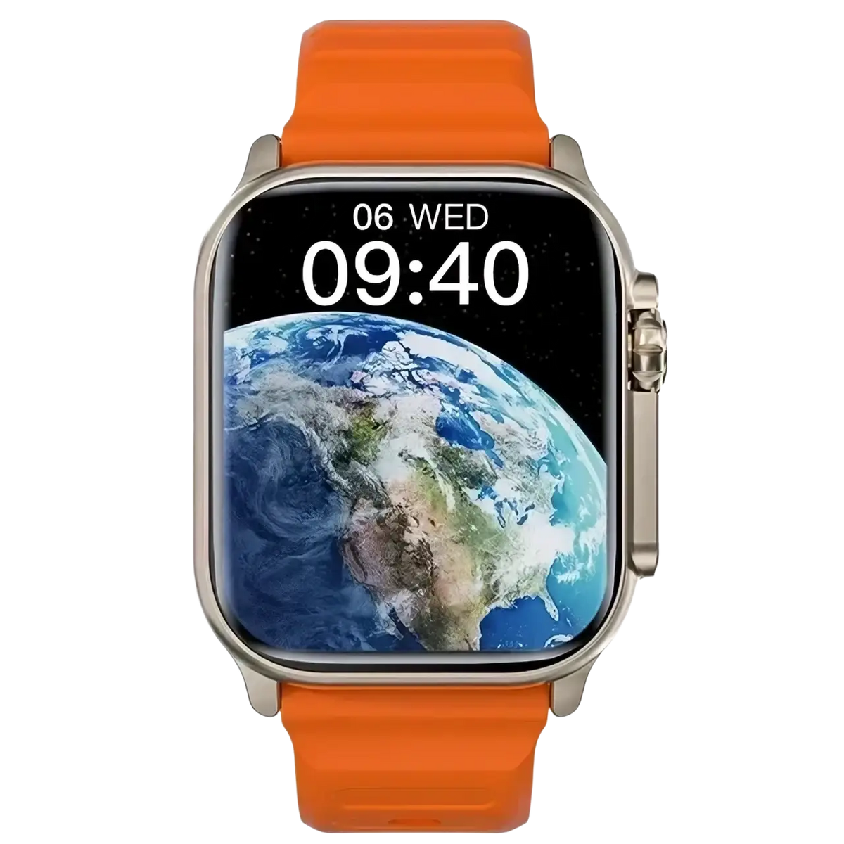 T10 Ultra Smart Watch 49mm with orange silicone strap silver case and earth-themed display featuring GPS Bluetooth call