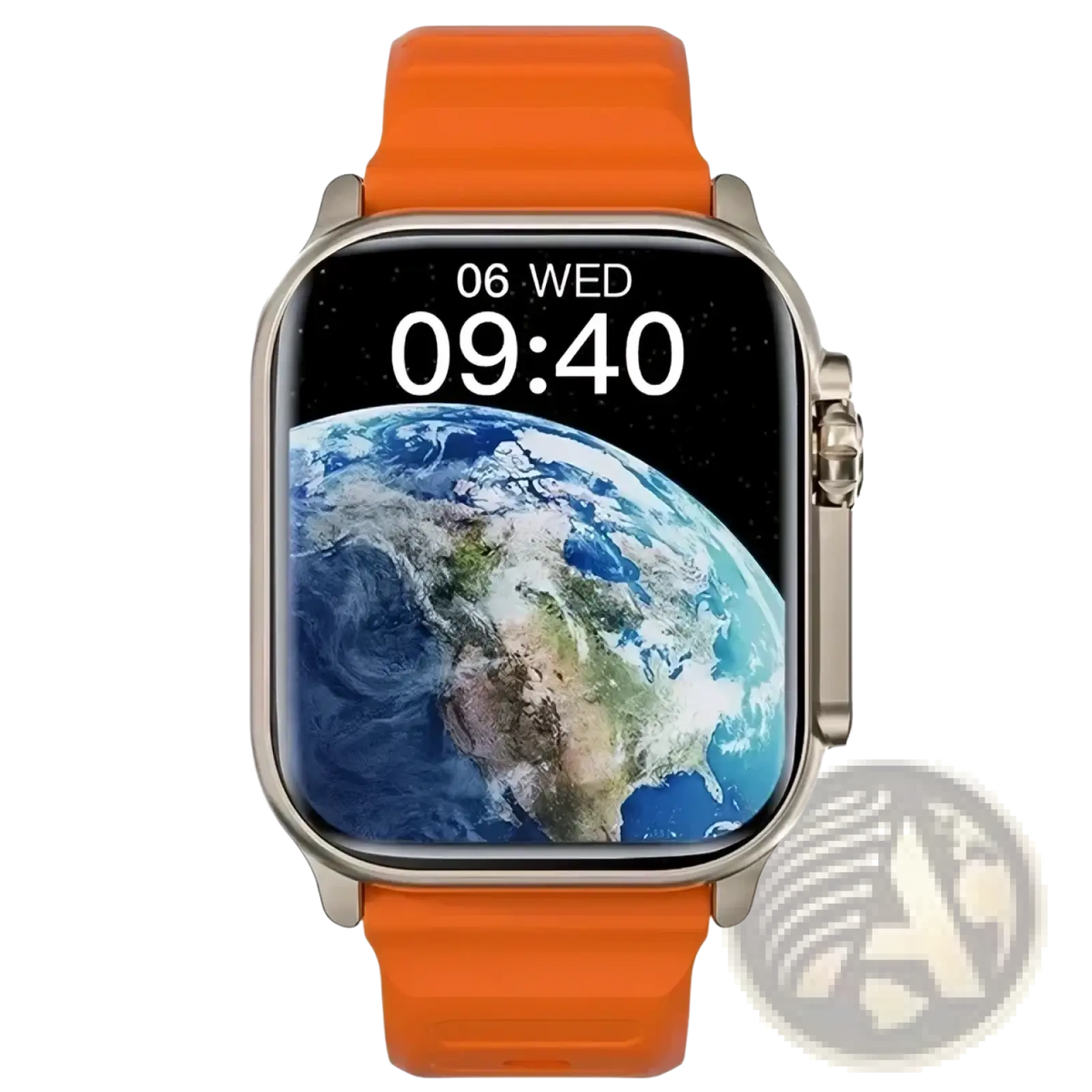 T10 Ultra Smart Watch 49mm with orange silicone strap silver case and earth-themed display featuring GPS Bluetooth call