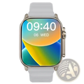 White silicone watch band with silver-toned case and colorful gradient screen of t10 ultra smart watch 49mm gps bluetooth call