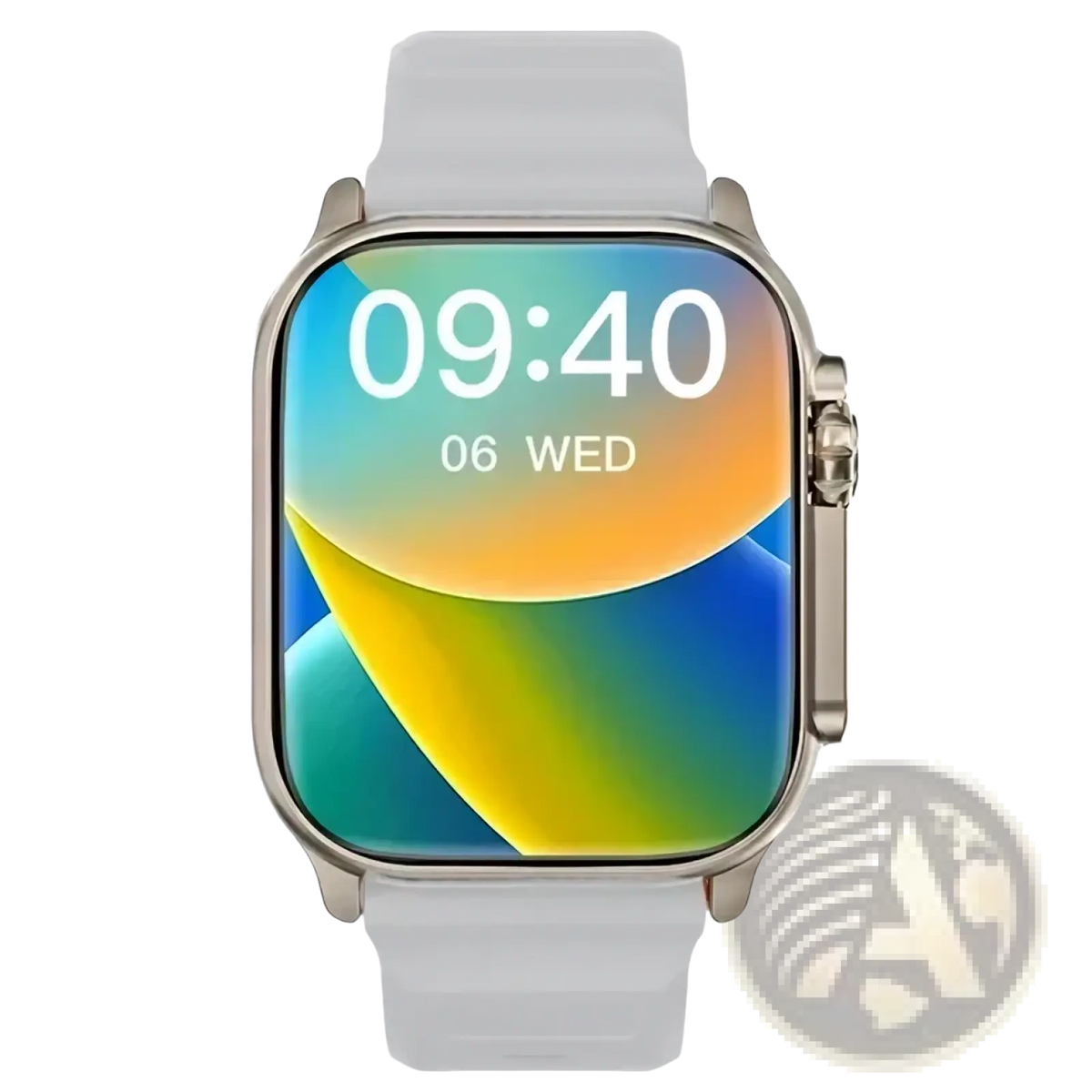 White silicone watch band with silver-toned case and colorful gradient screen of t10 ultra smart watch 49mm gps bluetooth call