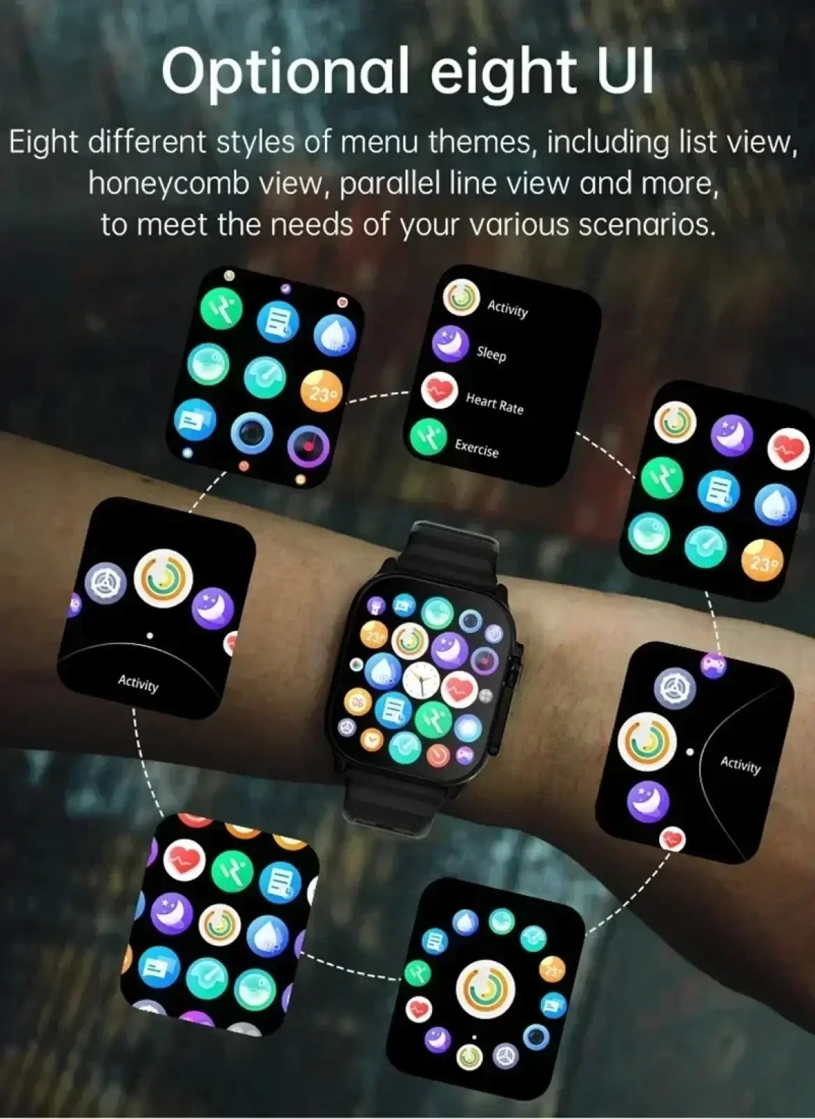 T10 ultra smartwatch 49mm with black strap and gps bluetooth call showing colorful app icons and eight ui themes